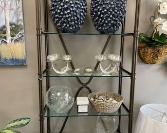 Pair of Lexington, 5 tier open shelving with leather wrapped crowns with nail head accents YUMMY!  $600 EACH. $1,000 pair.