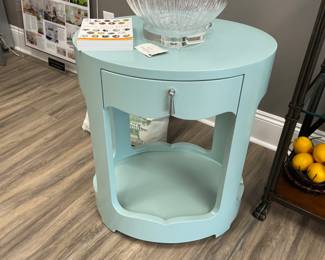 Global View aqua, oval side cabinet. $250