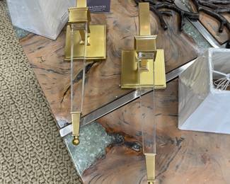 Absolutely beautiful brass and glass wall sconces, with silk shades.  $500 pr.