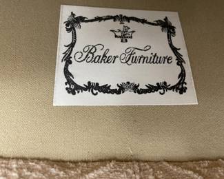 Classic Baker settee. Curved arms, tufted back, Italian  damask tone on tone upholstery.   Perfect piece for the Primary Bedroom.