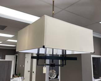 Square, fabric shade, painted metal with hanging glass sphere.  Price pending