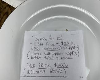 4 piece place setting for 12, plus 12 mugs, 12 glasses, napkin rings, many serving pieces, many matching linens