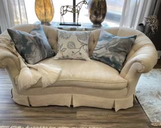 Classic Baker settee. Curved arms, tufted back, Italian  damask tone on tone upholstery.   Perfect piece for the Primary Bedroom.  $1200