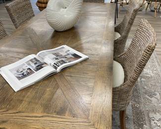 Striking 7’8” x3’2” long table with heavy metal base on casters (industrial look).   $2000