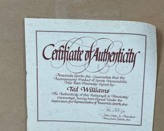 Original photograph of Ted Williams, framed. Certified on back 