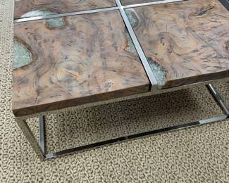 Jeffan “icy wood” teak and resin coffee table 36x36x16. $500