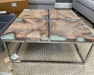 Jeffan “icy wood” teak and resin coffee table 36x36x16. $500