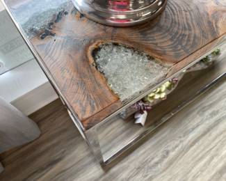 Jeffan “icy wood” teak and resin coffee table 36x36x16. $500