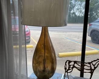 Tear drop shape glass lamps with gold patina, chrome bases 38.5” tall, custom ordered.  $600 pair