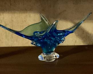 blue hand made crystal bowl, mid century modern