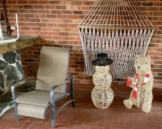 Hammock, patio chair, Christmas lighted figures