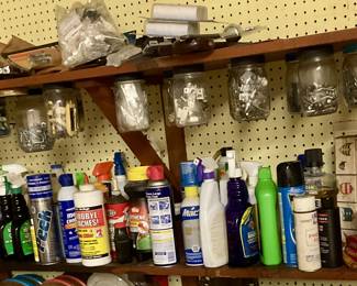 Jars of hardware, nails, screws, fittings