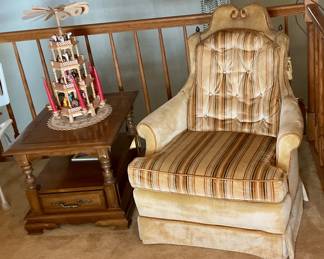 mid century striped arm chair, side table