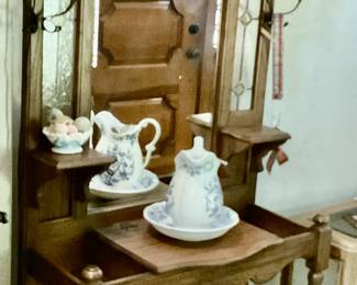 Hall tree, blue onion bowl and pitcher