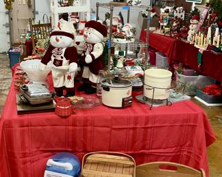 Christmas decorations, picnic basket, small appliances, bed tray