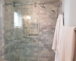 Barn door style glass shower doors