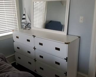 Campaign style 6-drawer dresser; mirror