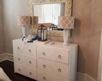 Chic 6-drawer dresser; table lamps; mirror