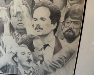 Large framed pencil drawing of floor traders Euro Dollar Pit c.1988-89. Gordon Miller