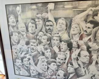 Large framed pencil drawing of floor traders Euro Dollar Pit c.1988-89. Gordon Miller