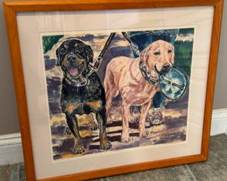 Monotype print of two dogs