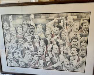 Large framed pencil drawing of floor traders Euro Dollar Pit c.1988-89. Gordon Miller