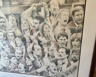 Large framed pencil drawing of floor traders Euro Dollar Pit c.1988-89. Gordon Miller