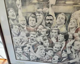 Large framed pencil drawing of floor traders Euro Dollar Pit c.1988-89. Gordon Miller