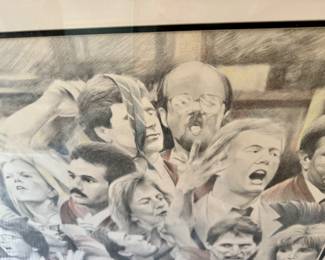 Large framed pencil drawing of floor traders Euro Dollar Pit c.1988-89. Gordon Miller