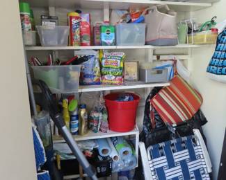 Tools, beach chairs, yard supplies, cleaning equipment, tools, vacuums, storage bins.