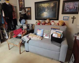 Twin size sleeper sofa, side chair, stuffed toys, art work, office supplies.