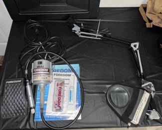 Foredom Pedal-Powered Rotary Tool, Clamp-on Lighted Magnifying Glass, Portable Dust Collector Lid