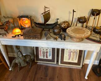 Unique & Vintage Pieces, Metal Ship, Metal Horses, Inlay Wood Cake Stand, Framed Vintage (Repro) Woman's Clothing Ads