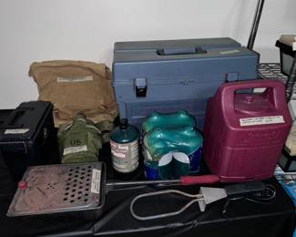 Tackle Box, Coleman Lantern with Case, Vintage Boy Scout Yucca Pack, Vintage Army Canteen & Belt