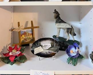 Remington Bronze, Vintage Wood Carvings, Lenox Porcelain Flowers, Artist Painting with Wood Frame, Wolf Sculpture, Artist Painting on Geode Slice