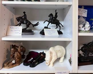 Fitz and Floyd Elephant Bowl, Remington Bronzes, Wood Carvings, Miniature Violin & Case, Carved Tagua Nut (?) Rhino