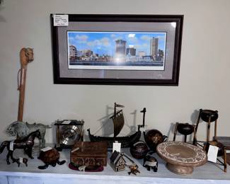 Carved Walking Stick, Signed and Numbered Print of the Mobile AL Skyline