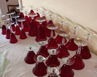 Morgantown Ruby glassware, 4 sizes
Footed waters
Tall and low champagne/sherbets
Sherry or port  stemware
