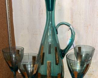 MCM Hungarian blown glass decanter set in aqua & gold. Beautiful condition 