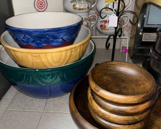 Vintage soup bowl set, Seville mixing bowls & wood salad set 