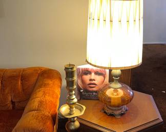 MCM amber blown glass lamp (there’s a set of two), tall vintage brass candle holder/ashtray 