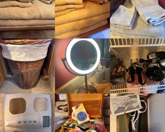 Towels, wicker hamper, lighter make up mirror, scale, sewing box, gingher scissors, curling irons and hair dryers 