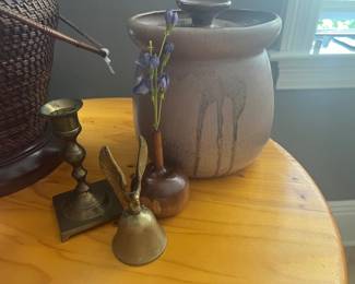 Lidded pottery, brass eagle bell, turned wood weed  vase 