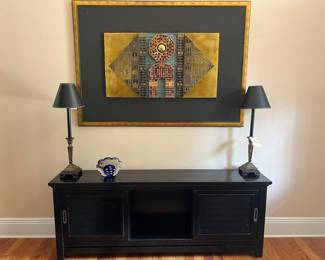 Metal sculpture attributed to Stephen Chun , media cabinet, buffet lamps