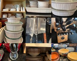 French White Corning ware , Pfaltzgraff Dishes , kitchen Aid Cutlery, Meat cleavers and Steak knives