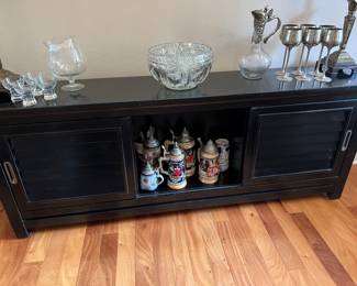 Steins, Wine Ewer and goblets, cocktail pitcher and 4 glasses, small punch bowl and 12 cups