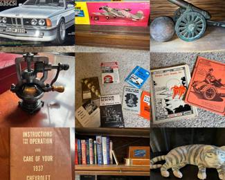 Vintage Manuals, cigar boxes, pepper mill, cannon, cannon ball, models
