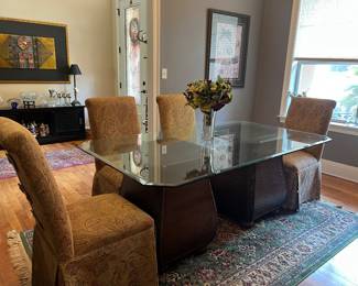 Glass top dining table and 4 parsons chairs 