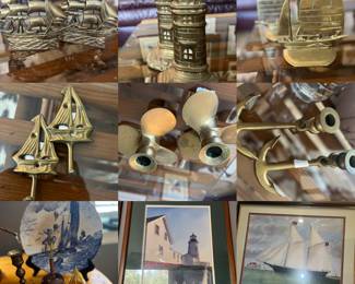 nautical themed art, brass bookends, wall hooks and more