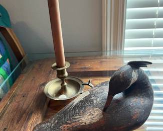 Duck Decoy and brass candleholder 